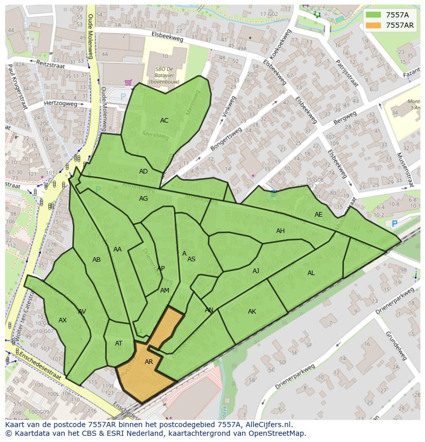 Afbeelding van het postcodegebied 7557 AR op de kaart.