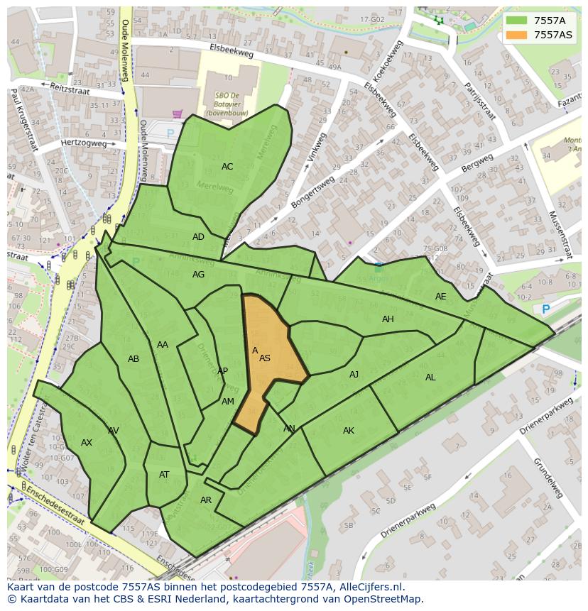 Afbeelding van het postcodegebied 7557 AS op de kaart.