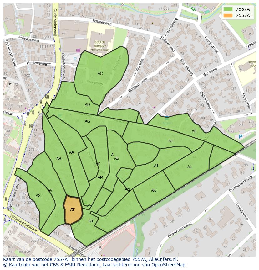 Afbeelding van het postcodegebied 7557 AT op de kaart.