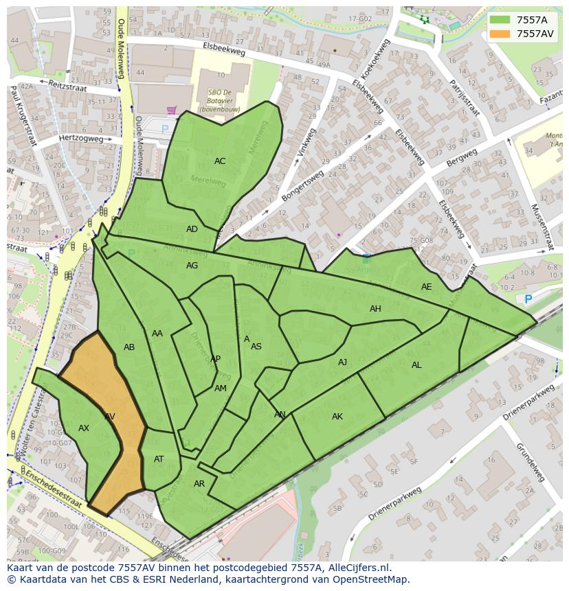 Afbeelding van het postcodegebied 7557 AV op de kaart.
