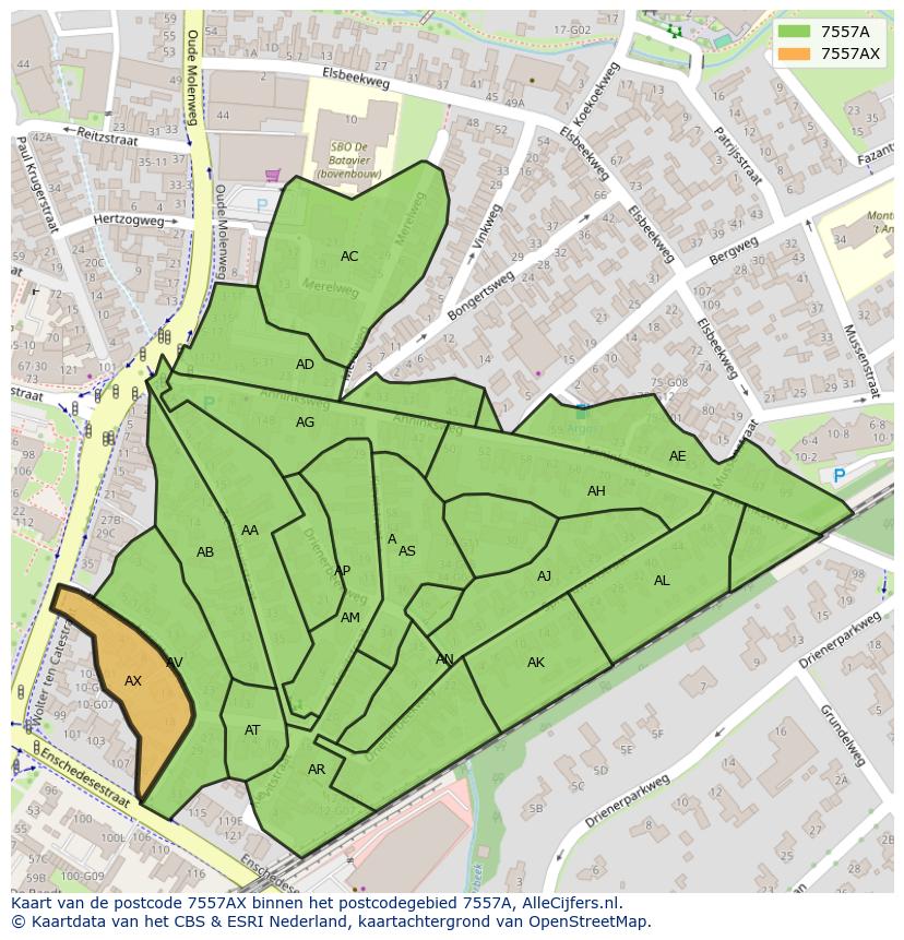 Afbeelding van het postcodegebied 7557 AX op de kaart.