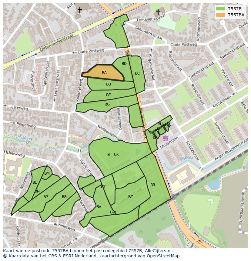 Afbeelding van het postcodegebied 7557 BA op de kaart.