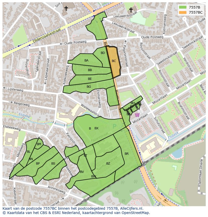Afbeelding van het postcodegebied 7557 BC op de kaart.