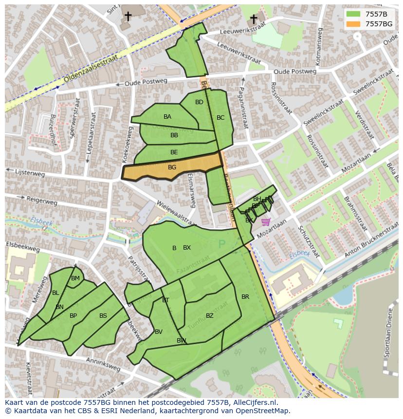 Afbeelding van het postcodegebied 7557 BG op de kaart.