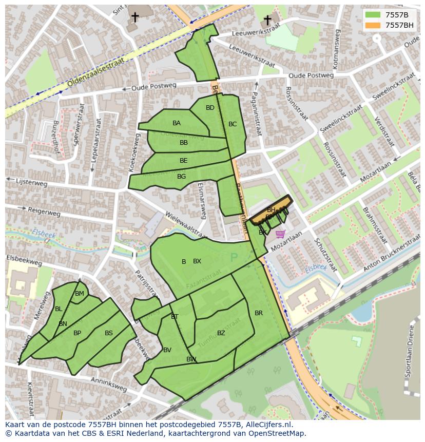 Afbeelding van het postcodegebied 7557 BH op de kaart.