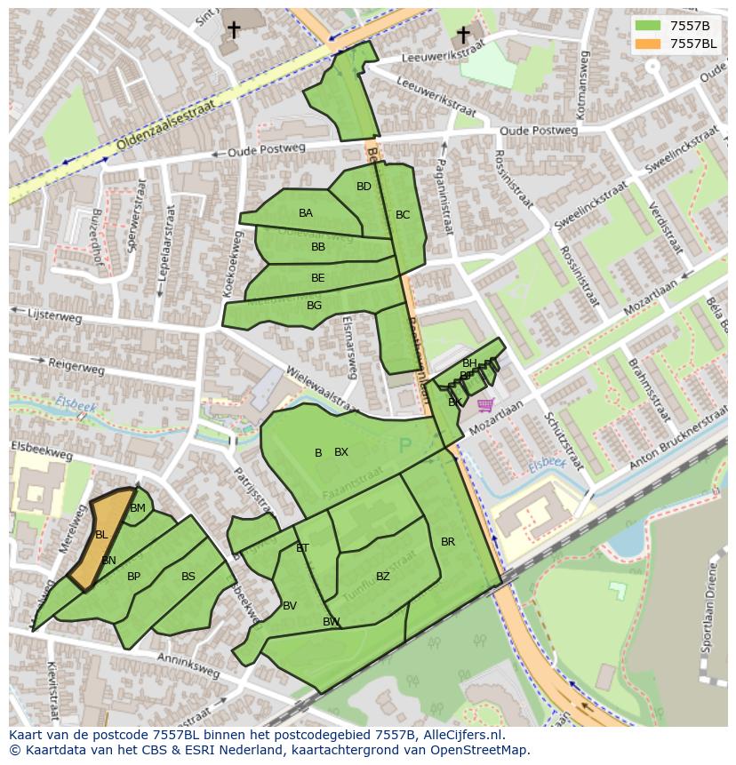 Afbeelding van het postcodegebied 7557 BL op de kaart.