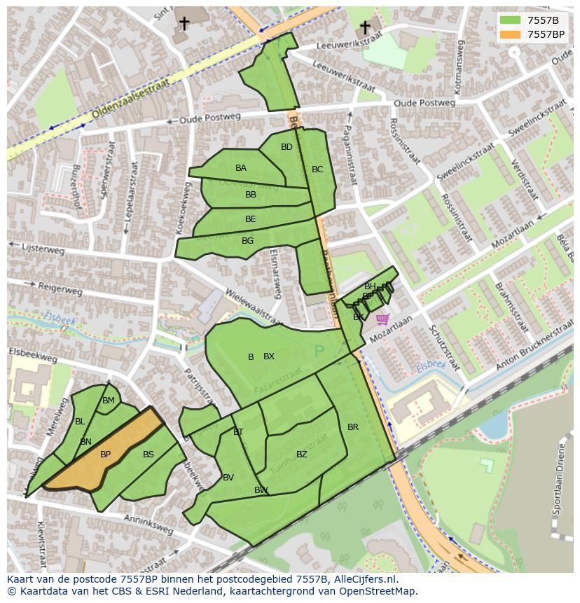 Afbeelding van het postcodegebied 7557 BP op de kaart.