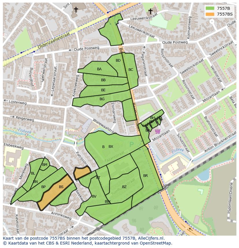 Afbeelding van het postcodegebied 7557 BS op de kaart.