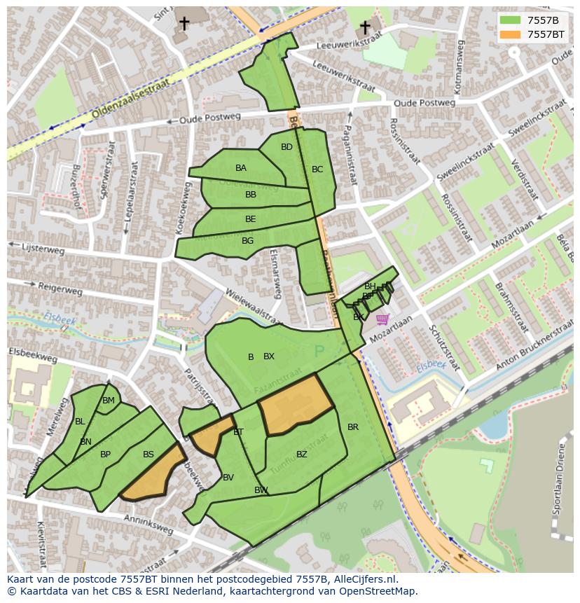 Afbeelding van het postcodegebied 7557 BT op de kaart.