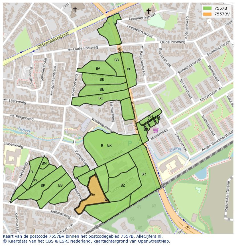 Afbeelding van het postcodegebied 7557 BV op de kaart.