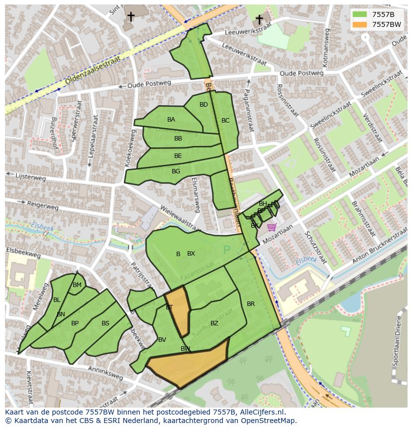 Afbeelding van het postcodegebied 7557 BW op de kaart.