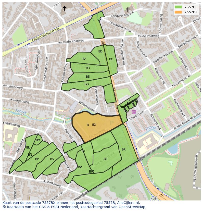 Afbeelding van het postcodegebied 7557 BX op de kaart.