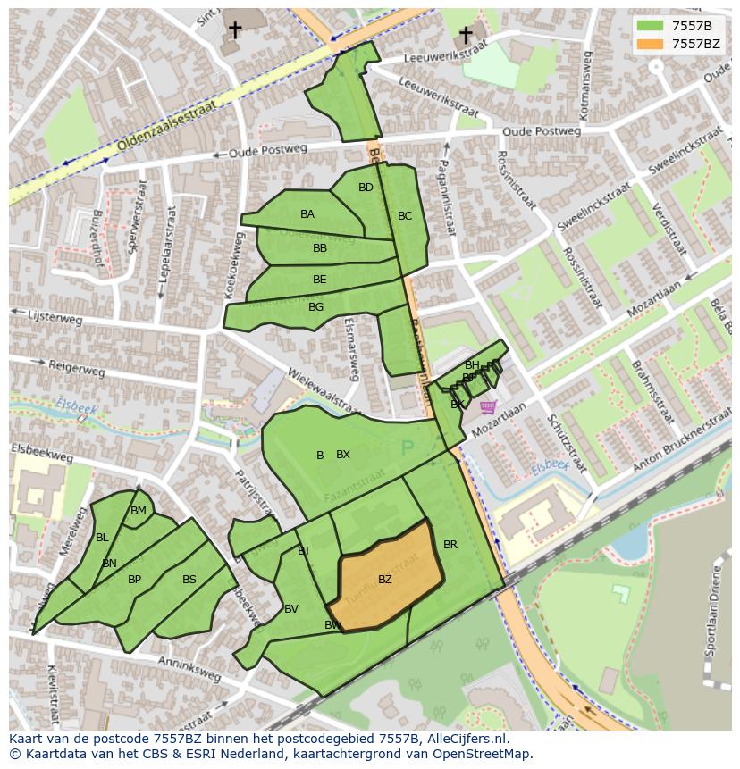 Afbeelding van het postcodegebied 7557 BZ op de kaart.