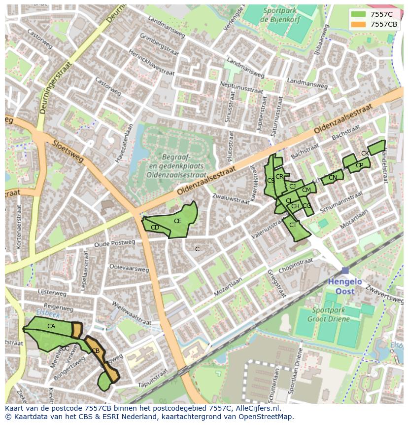 Afbeelding van het postcodegebied 7557 CB op de kaart.