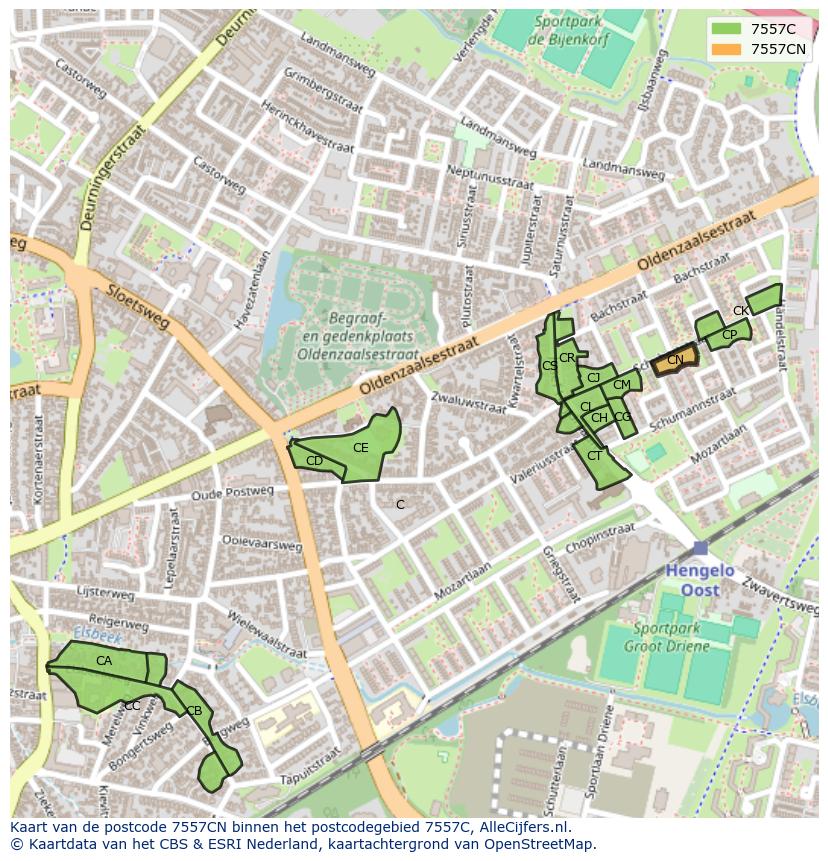 Afbeelding van het postcodegebied 7557 CN op de kaart.