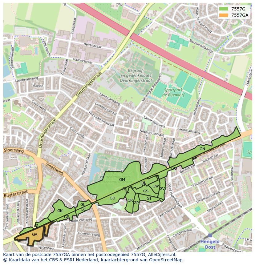 Afbeelding van het postcodegebied 7557 GA op de kaart.