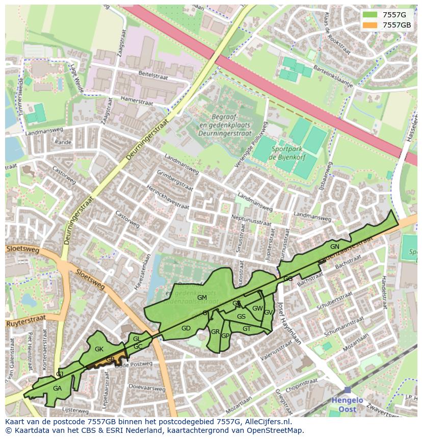Afbeelding van het postcodegebied 7557 GB op de kaart.