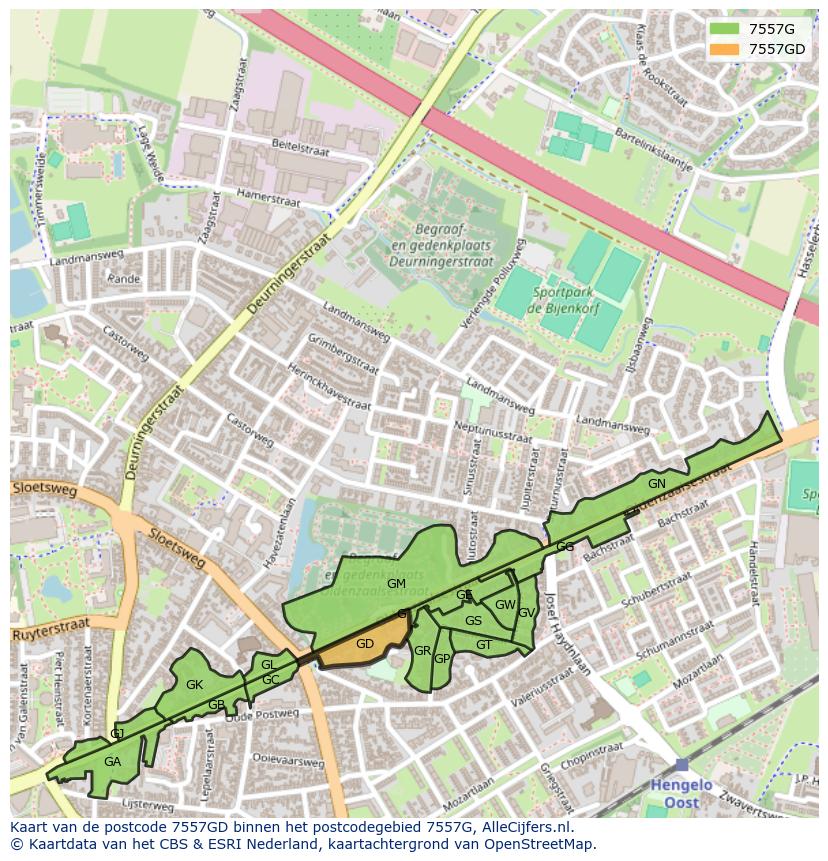 Afbeelding van het postcodegebied 7557 GD op de kaart.