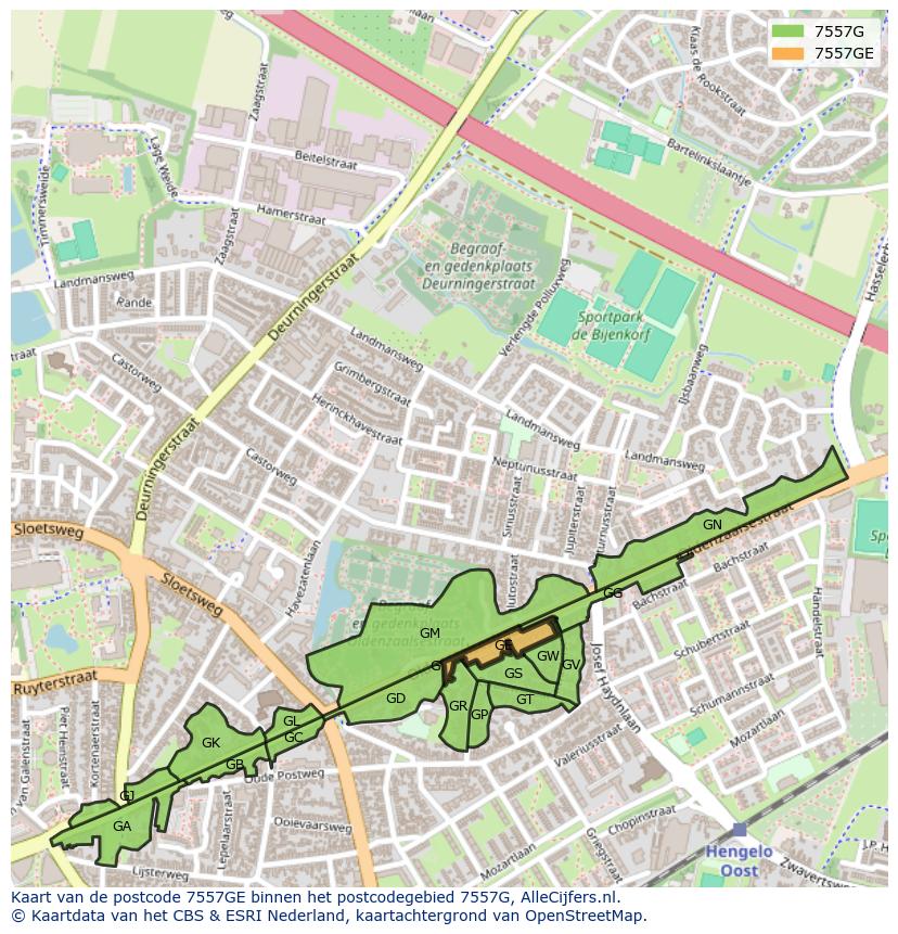 Afbeelding van het postcodegebied 7557 GE op de kaart.