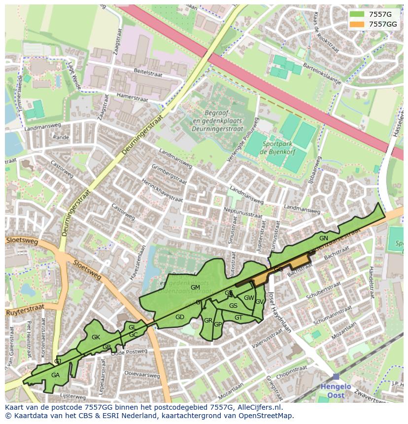Afbeelding van het postcodegebied 7557 GG op de kaart.