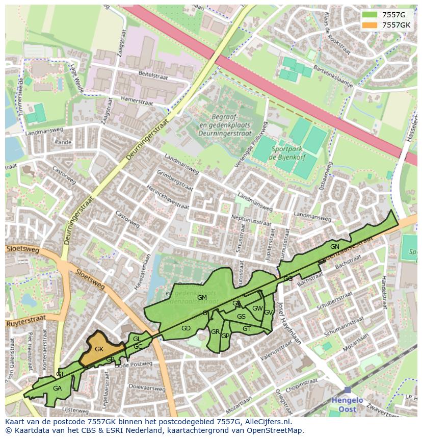 Afbeelding van het postcodegebied 7557 GK op de kaart.
