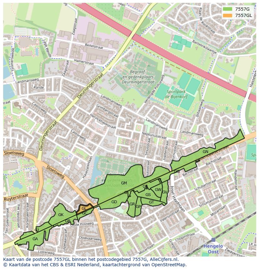 Afbeelding van het postcodegebied 7557 GL op de kaart.