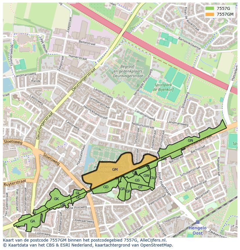 Afbeelding van het postcodegebied 7557 GM op de kaart.