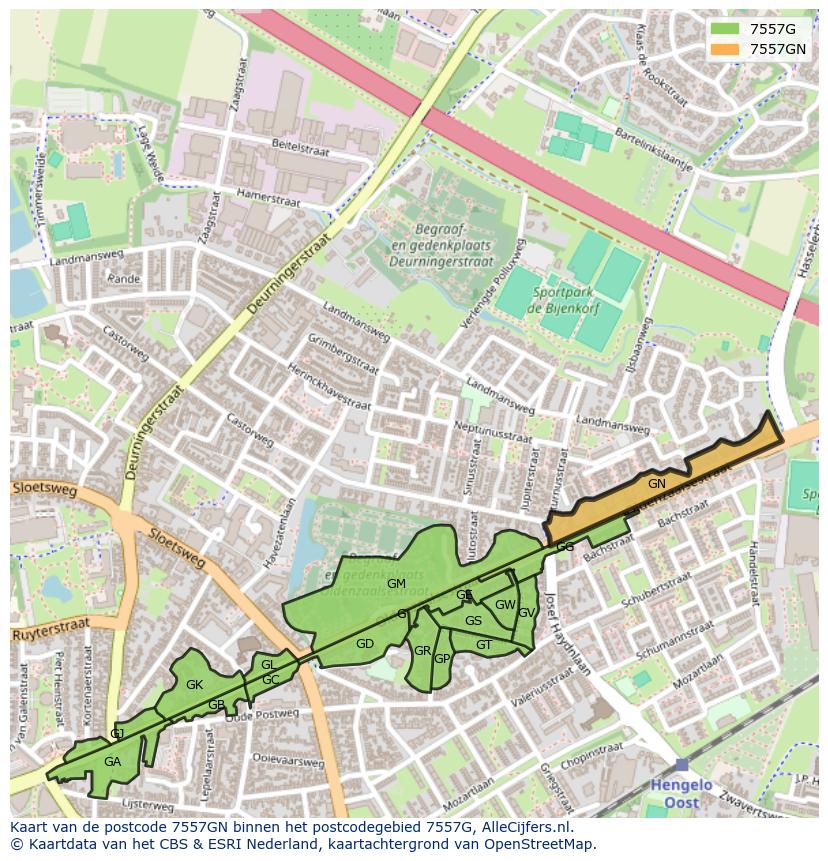 Afbeelding van het postcodegebied 7557 GN op de kaart.