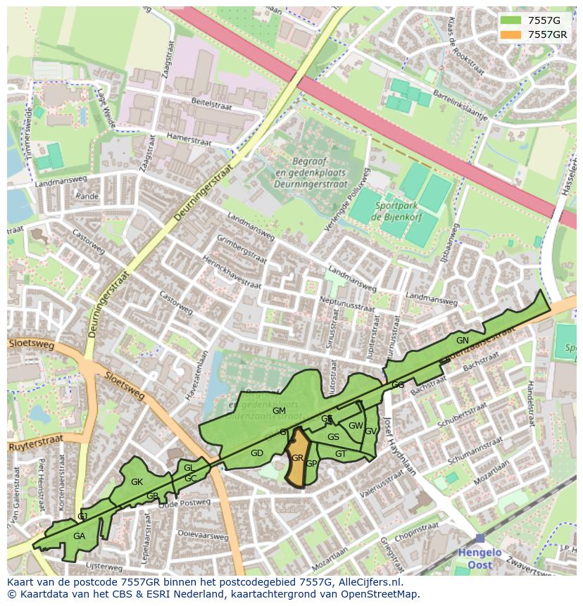Afbeelding van het postcodegebied 7557 GR op de kaart.