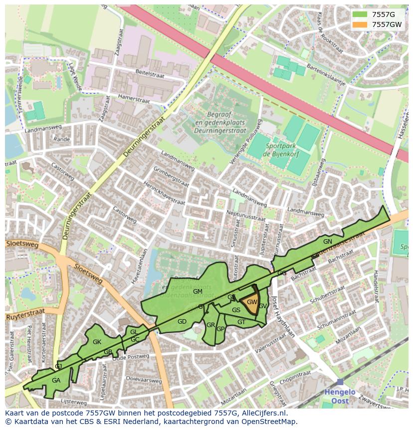 Afbeelding van het postcodegebied 7557 GW op de kaart.