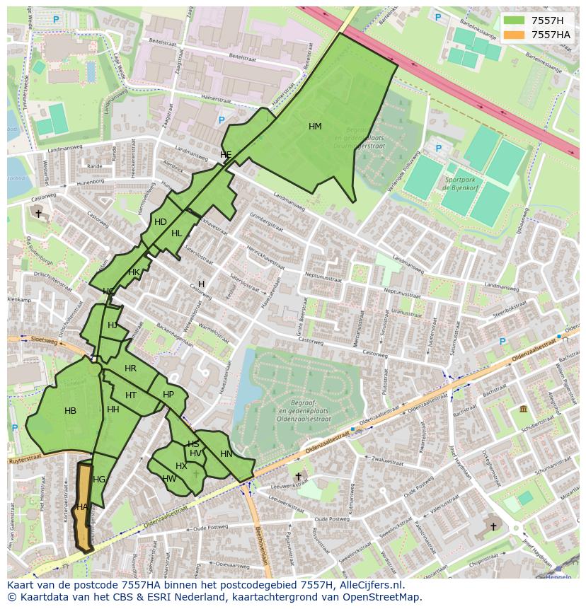 Afbeelding van het postcodegebied 7557 HA op de kaart.