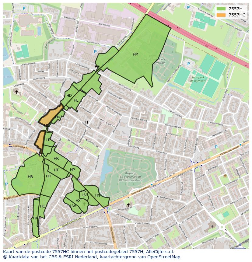 Afbeelding van het postcodegebied 7557 HC op de kaart.