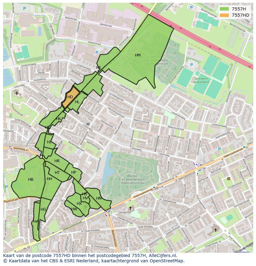Afbeelding van het postcodegebied 7557 HD op de kaart.