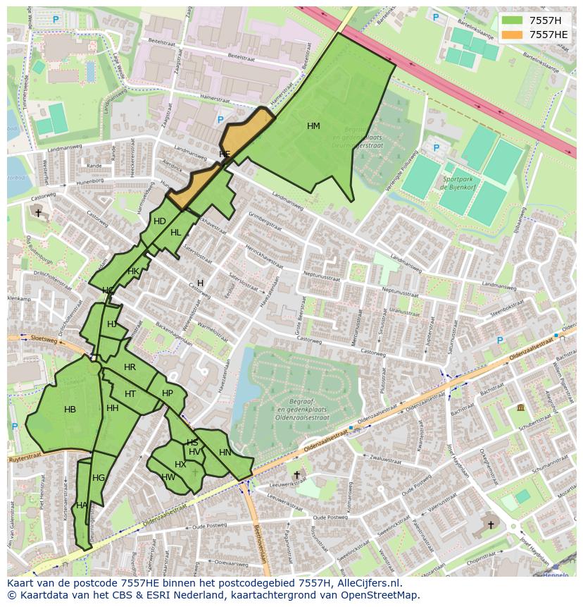 Afbeelding van het postcodegebied 7557 HE op de kaart.