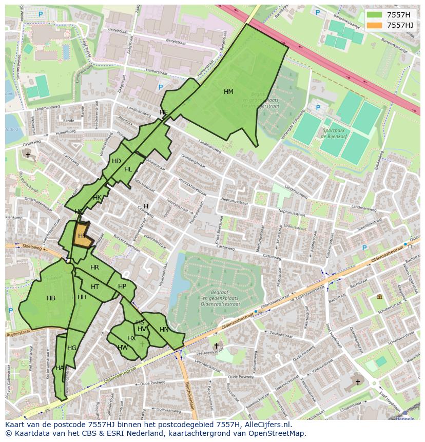 Afbeelding van het postcodegebied 7557 HJ op de kaart.