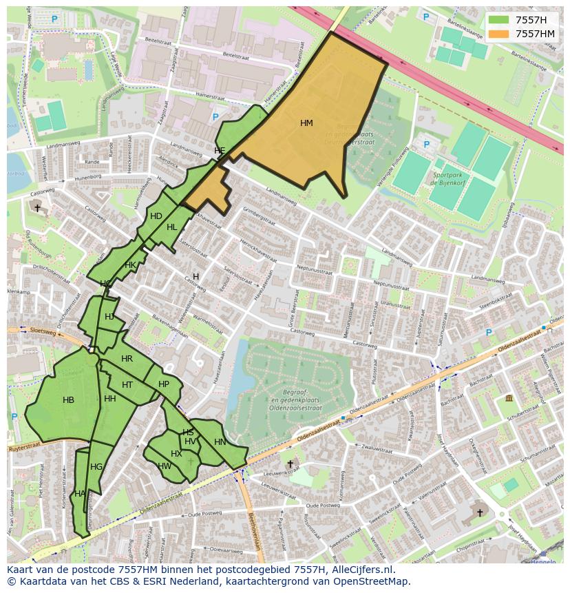 Afbeelding van het postcodegebied 7557 HM op de kaart.