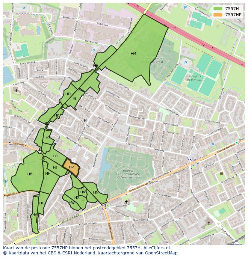 Afbeelding van het postcodegebied 7557 HP op de kaart.