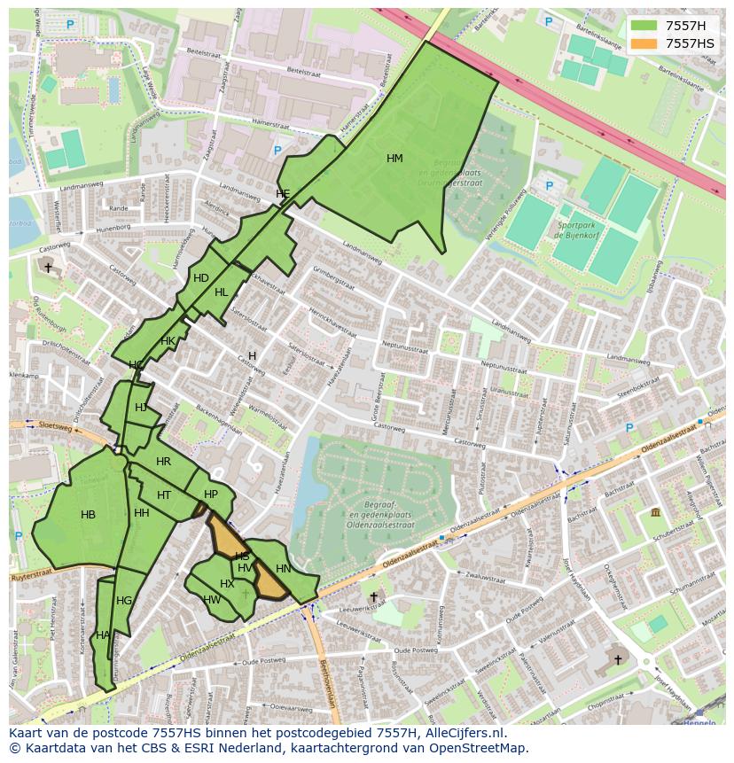 Afbeelding van het postcodegebied 7557 HS op de kaart.