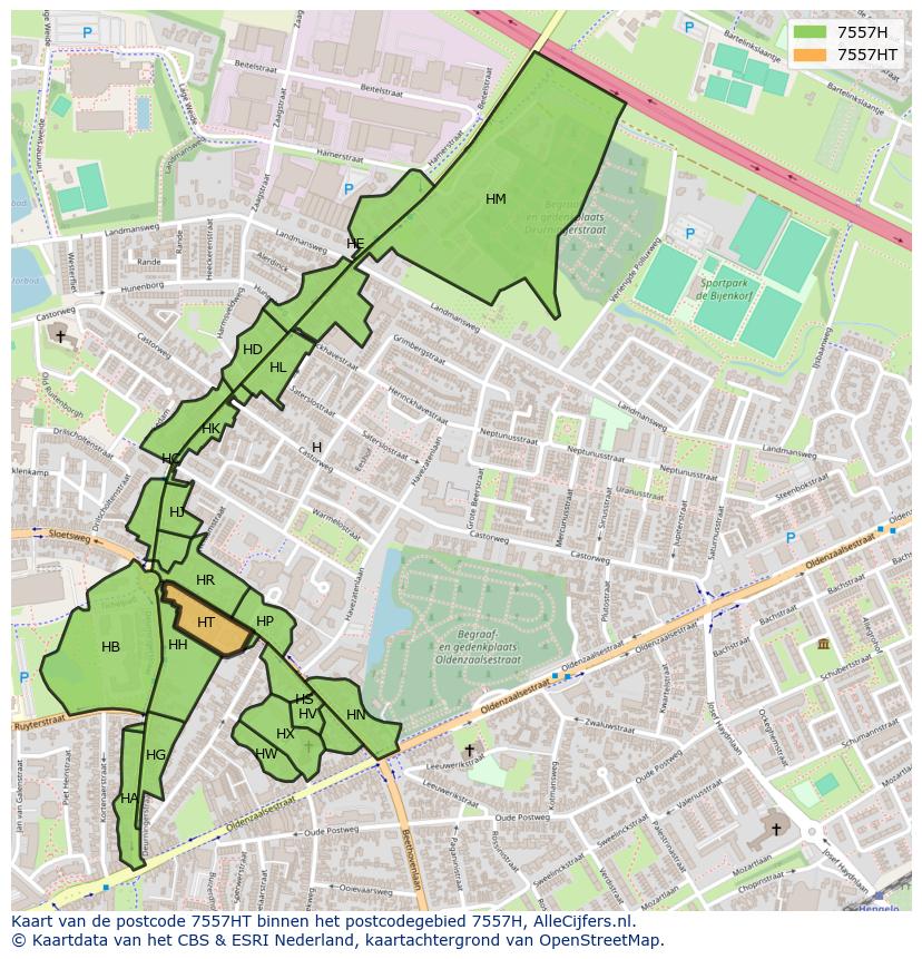 Afbeelding van het postcodegebied 7557 HT op de kaart.