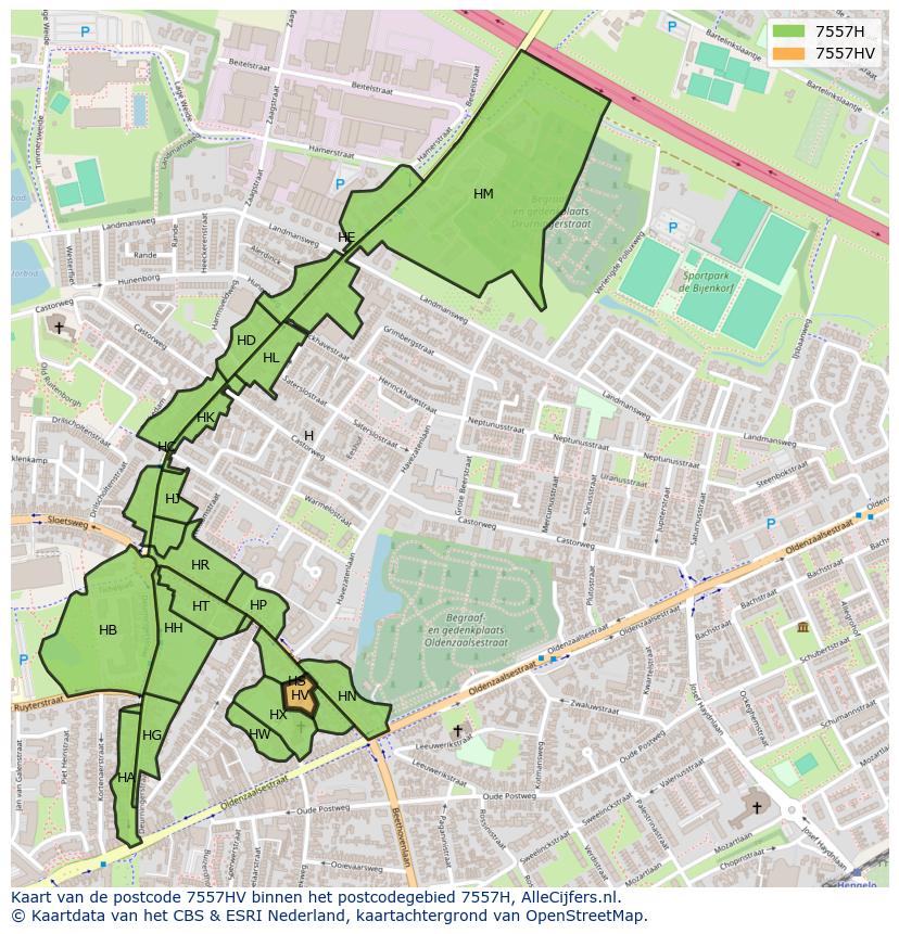 Afbeelding van het postcodegebied 7557 HV op de kaart.