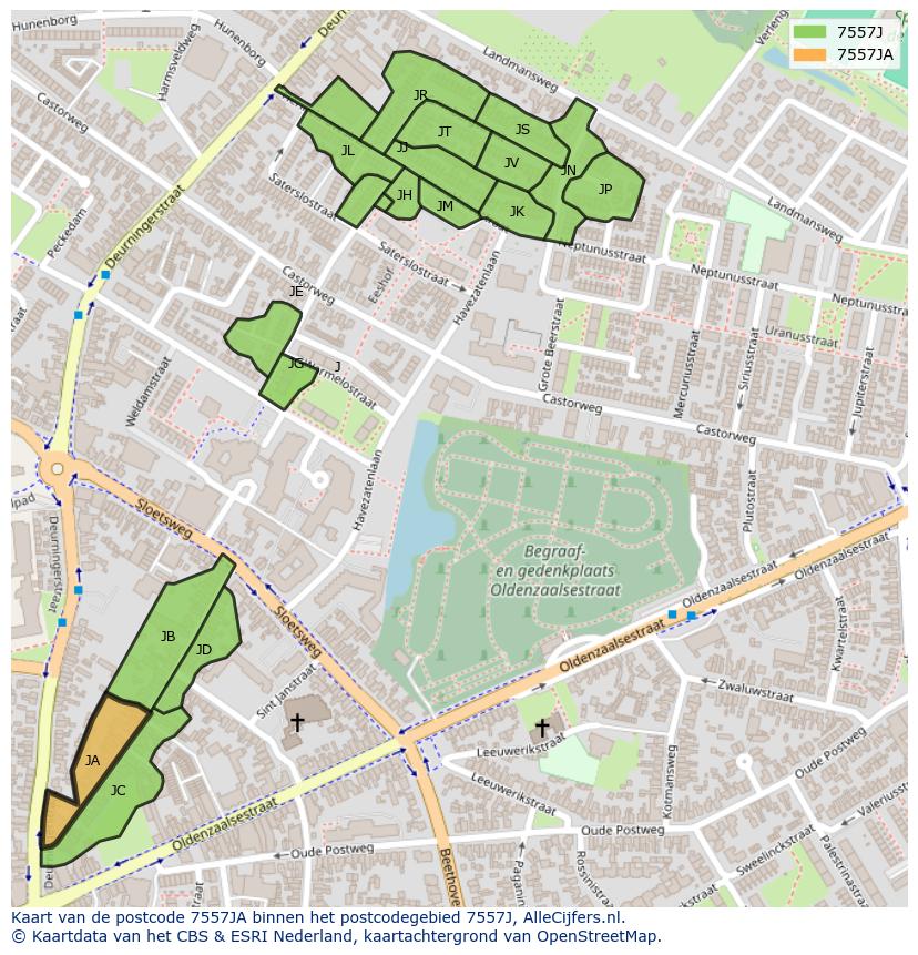 Afbeelding van het postcodegebied 7557 JA op de kaart.
