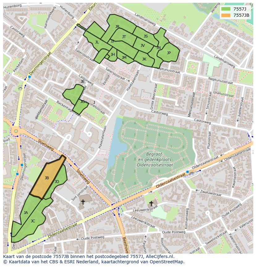Afbeelding van het postcodegebied 7557 JB op de kaart.