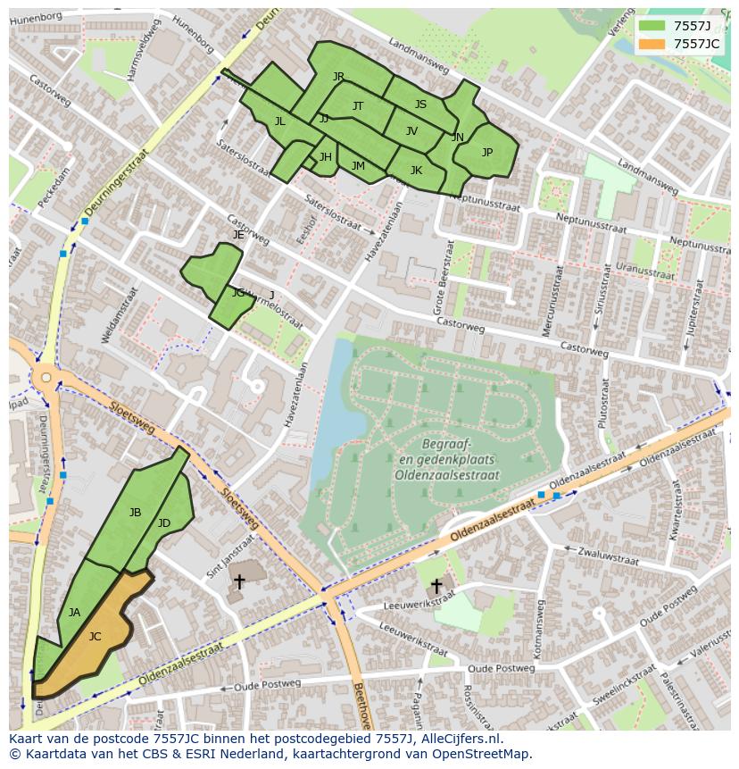 Afbeelding van het postcodegebied 7557 JC op de kaart.