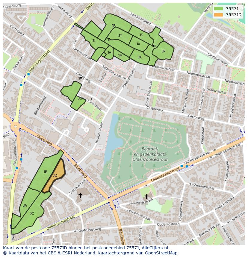 Afbeelding van het postcodegebied 7557 JD op de kaart.