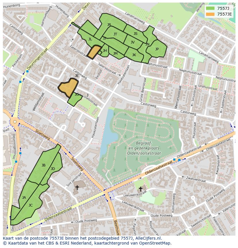 Afbeelding van het postcodegebied 7557 JE op de kaart.