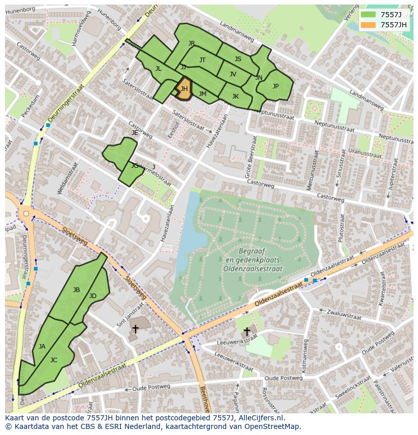 Afbeelding van het postcodegebied 7557 JH op de kaart.