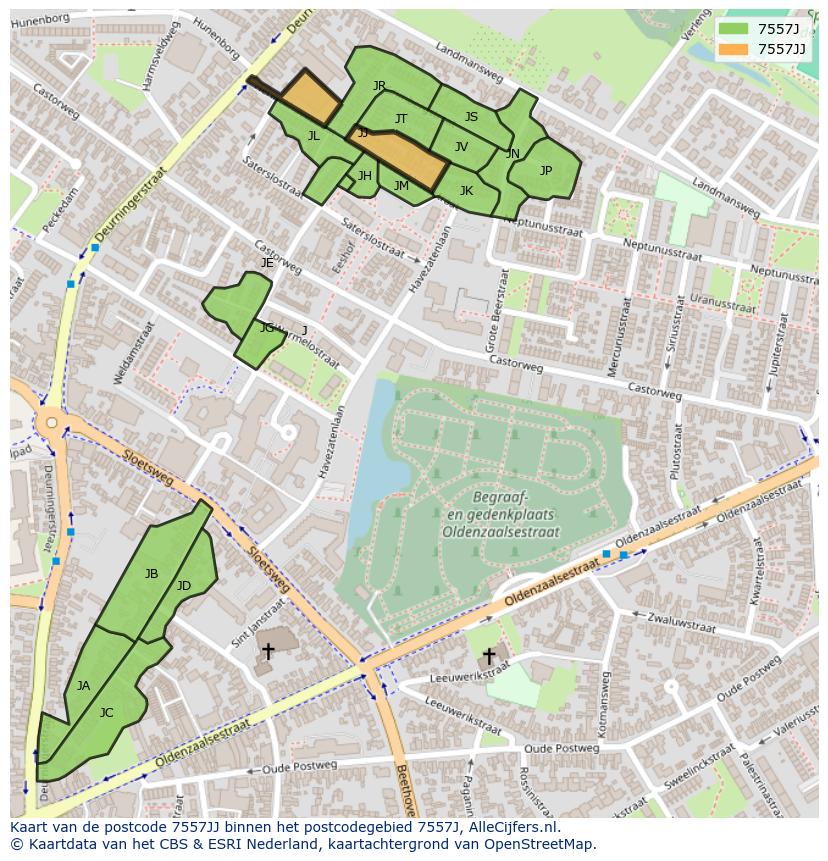 Afbeelding van het postcodegebied 7557 JJ op de kaart.
