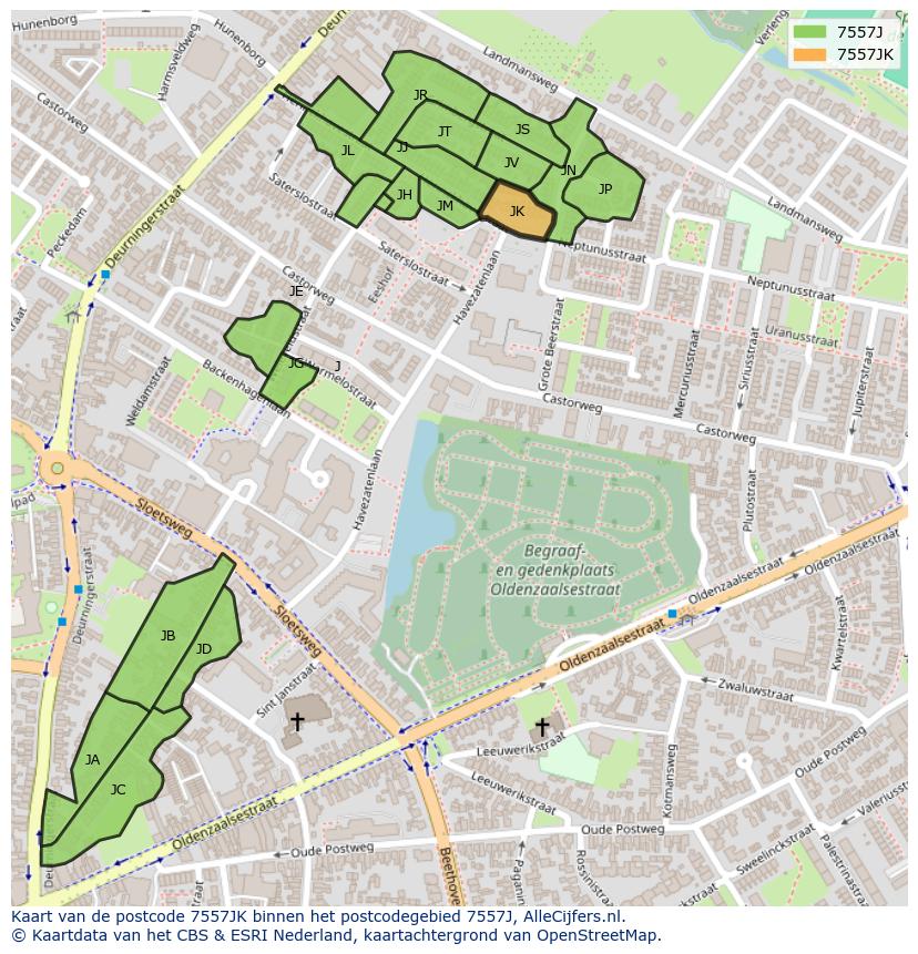 Afbeelding van het postcodegebied 7557 JK op de kaart.