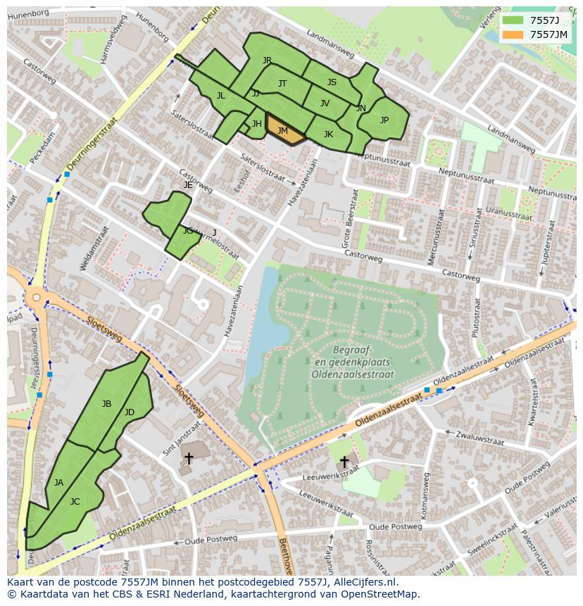 Afbeelding van het postcodegebied 7557 JM op de kaart.