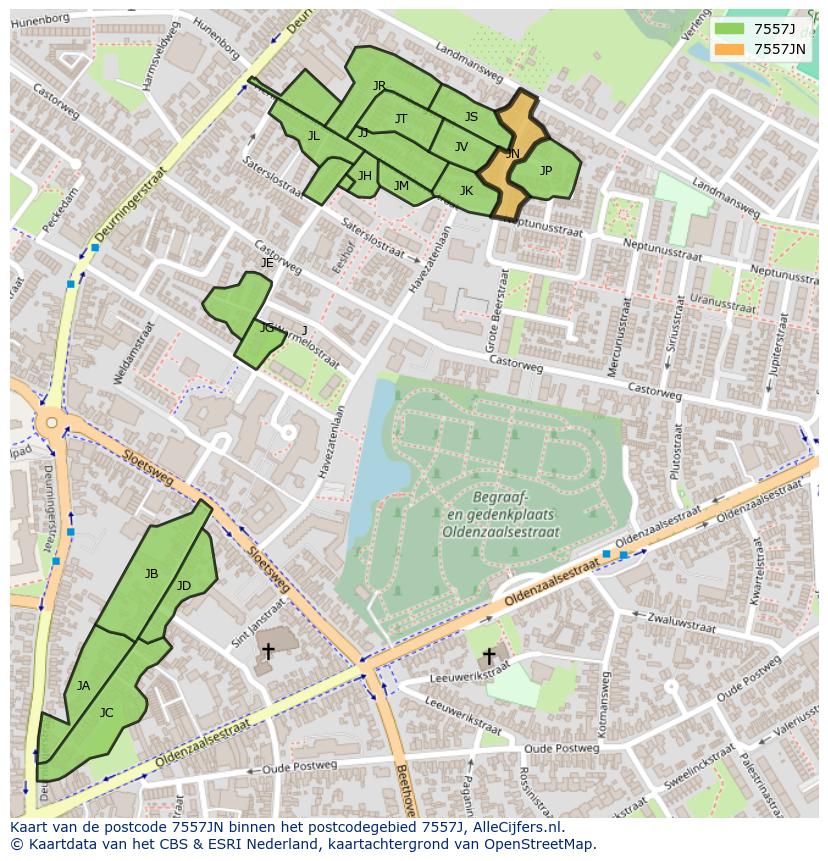 Afbeelding van het postcodegebied 7557 JN op de kaart.